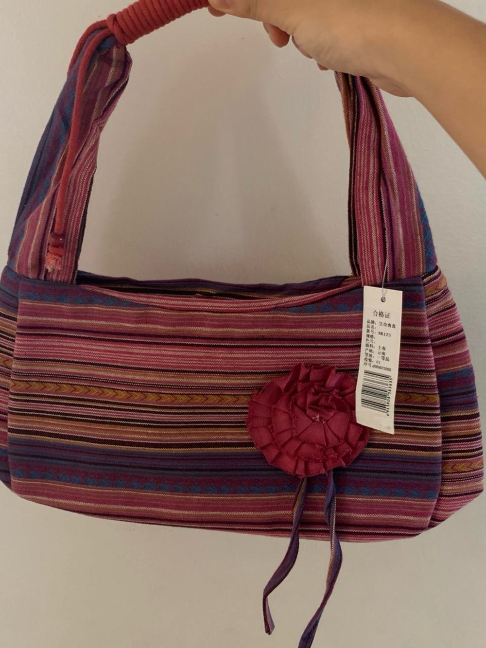 Vintage Handmade Striped Pink Boho Shoulder Bag with Rosette Accent brand new